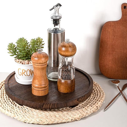 Round Decorative Tray Wood Bathroom Counter Organizer Farmhouse Kitchen Decor Wooden Riser for Soap Dish, Perfume, Candle, Sponge, 11 Inch, Dark Brown