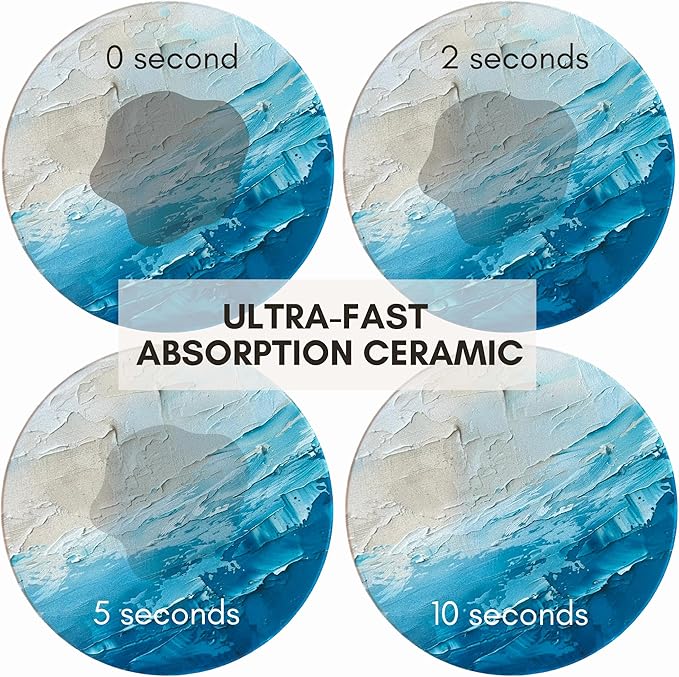 Blue Ceramic Absorbent Coasters Set of 6 with Holder, Marble Drink Coasters for Coffee Table, Water Absorbing Coaster (Waves)
