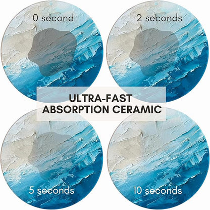 Blue Ceramic Absorbent Coasters Set of 6 with Holder, Marble Drink Coasters for Coffee Table, Water Absorbing Coaster (Waves)