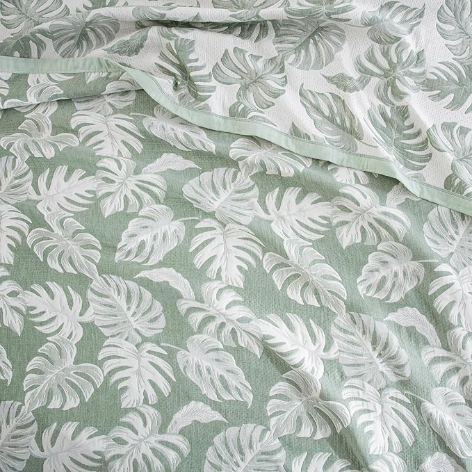 100% Cotton Muslin Jacquard 2 Piece Quilt Set Tropical Monstera Leaf Print, Soft 3 Layers Gauze Bed Cover Reversible Bedspread Coverlet Breathable Lightweight Bedding Set, Twin
