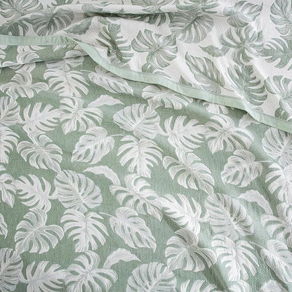 100% Cotton Muslin Jacquard 2 Piece Quilt Set Tropical Monstera Leaf Print, Soft 3 Layers Gauze Bed Cover Reversible Bedspread Coverlet Breathable Lightweight Bedding Set, Twin