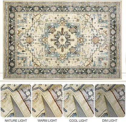 Area Rugs for Living Room 10x14 - Extra Large Machine Washable Vintage Oriental Soft Rug, Low Pile Thin Carpet with Non Slip Backing for Bedroom, Dorm, Dining Room, Indoor House, Office