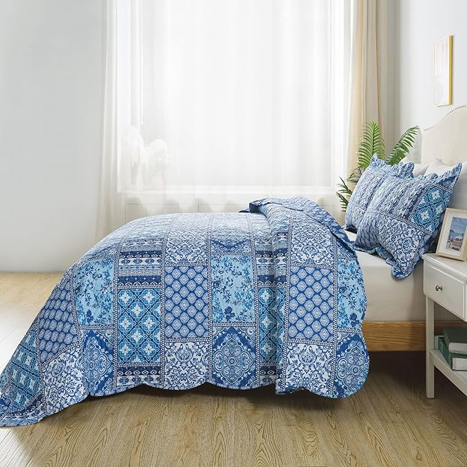 HoneiLife King Quilt Bedding Set - 3 Pieces Rustic Quilt Sets Microfiber Bedspreads Floral Coverlets Retro Bed Cover All Season Quilts-Blue