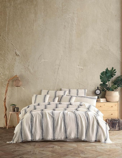 Bohemian 4 Layers Gauze Lightweight Throws,Cotton Muslin Throw Blanket,Breathable Coverlet, 4 Layer Bed Cover (Beige with 5 Stripes, Full Size 78 x 95 inches)