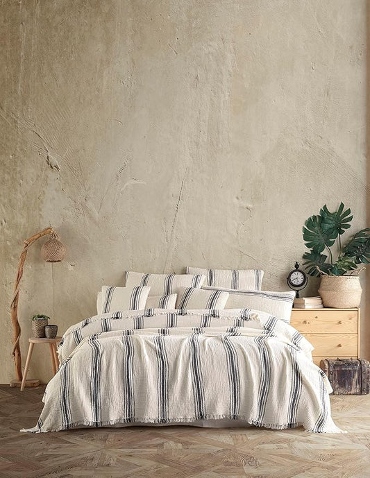 Bohemian 4 Layers Gauze Lightweight Throws,Cotton Muslin Throw Blanket,Breathable Coverlet, 4 Layer Bed Cover (Beige with 5 Stripes, Queen 90 x 95 inches)