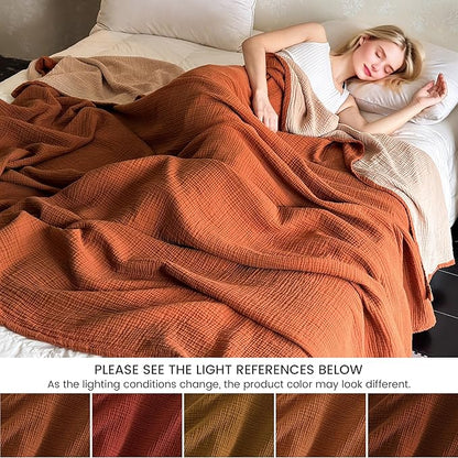 FALUCA Cotton Muslin Reversible Blanket Twin Size for Bed, Couch, Four Layers Blanket, Soft Lightweight Cozy Breathable Farmhouse Decoration for All-Season, Camel