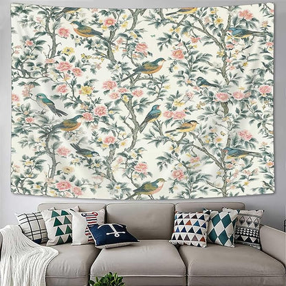 DYNH Vintage Floral Bird Tapestry,Chinese Style Aesthetics Jungle Botanical Tapestries,Farmhouse Country Watercolor Flowers Leaves Wall Hanging Decor for Bedroom Living Room,80x60In