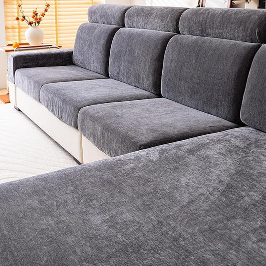 WEYOND Chenille Sofa Armrest Covers Set of 2 | Non-Slip Stretch Couch Arm Protector, Dark Grey