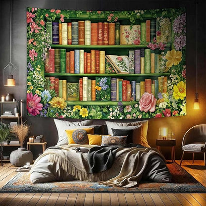 DYNH Wildflowers Bookshelf Tapestry,Book on Bookshelf and Colorful Plants Tapestries,Vintage Art Wall Hanging Decor for Study Room Bedroom Living Room College Dorm,60X50Inches