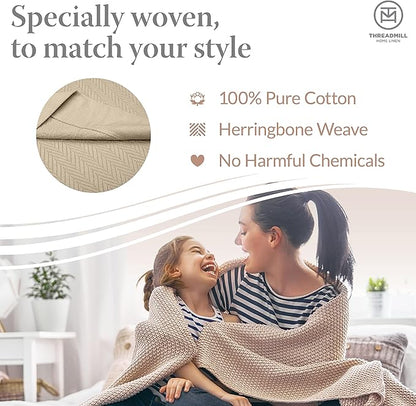 Threadmill Luxury Cotton Blankets for Queen Size Bed | All-Season 100% Cotton Queen Size Blanket | Herringbone Cozy, Soft Breathable Fall Thermal Blanket fits Full Size Bed, 90x92 | Beige