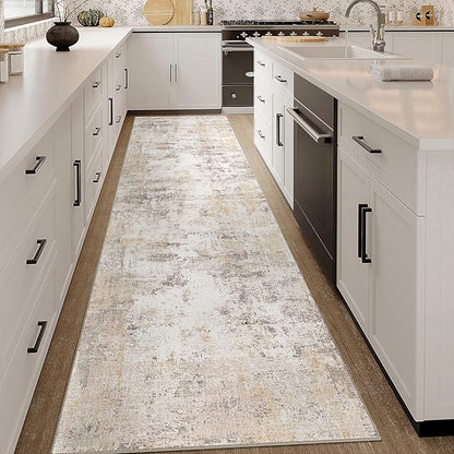 3x14 Washable Runner Rug Beige Grey Abstract Hallway Kitchen Throw Rug Neutral Modern Non Slip Soft Low Pile Carpet for Bathroom Laundry Bedroom Living Room
