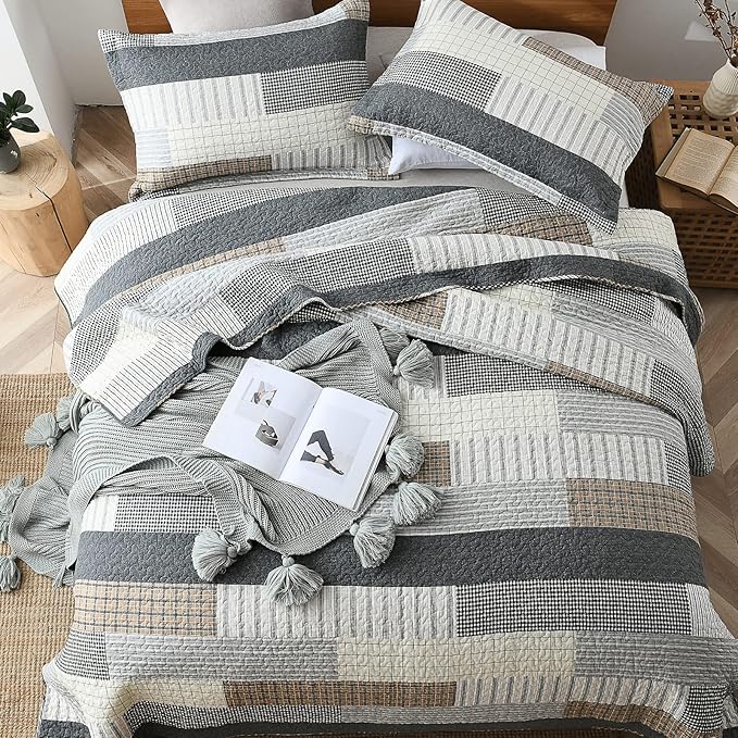 Quilts Queen Size, Queen Quilt Bedding Set Bedspread, 100% Cotton Patchwork Quilt for Queen Bed, 3 Pieces Plaid Farmhouse Reversible Lightweight Comforter Bed Spread, Grey/Tan/Black