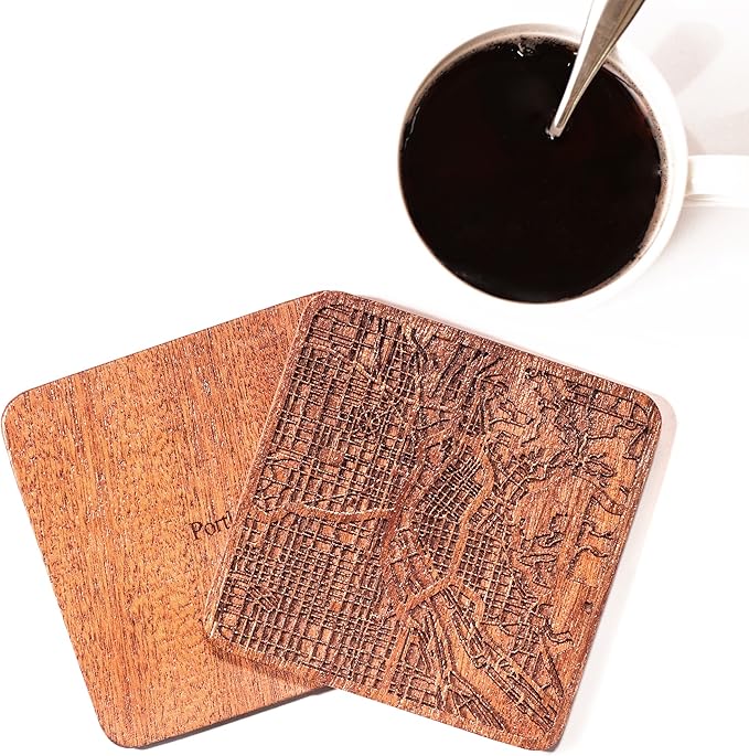 Portland Map Coaster by O3 Design Studio, Set Of 4, Sapele Wooden Coaster With City Map, Handmade