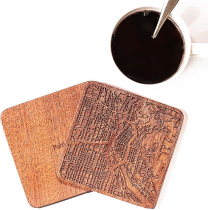 Portland Map Coaster by O3 Design Studio, Set Of 4, Sapele Wooden Coaster With City Map, Handmade