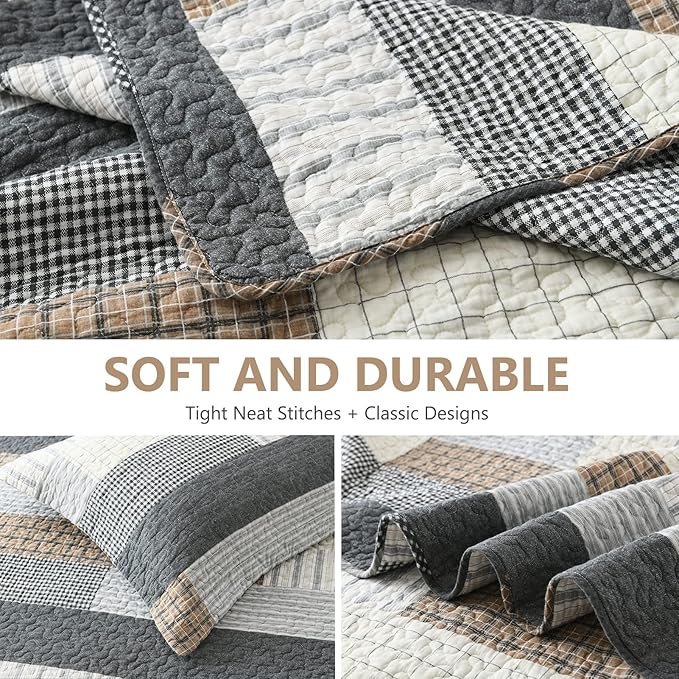 Quilts Queen Size, Queen Quilt Bedding Set Bedspread, 100% Cotton Patchwork Quilt for Queen Bed, 3 Pieces Plaid Farmhouse Reversible Lightweight Comforter Bed Spread, Grey/Tan/Black