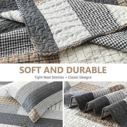 Quilts King Size, King Quilt Bedding Set Bedspread, 100% Cotton Patchwork Quilt for King Bed, 3 Pieces Plaid Farmhouse Reversible Lightweight Comforter Bed Spread, Grey/Tan/Black