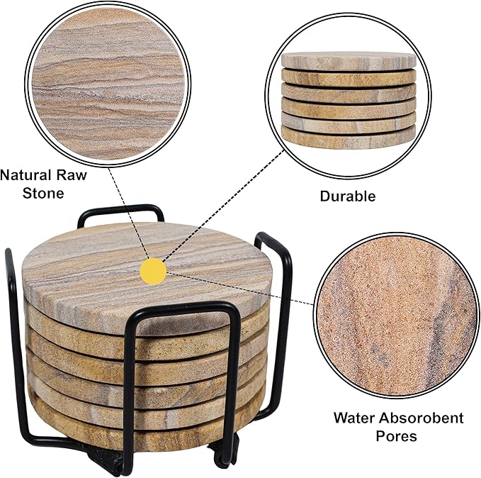 Sandstone Water Absorbent Hand Crafted Round Coasters for Drinks - 4 Inches Wide Thirsty Stone Bar/Drink Coasters- Made from Rainbow Sandstone (Set of 4 Without Holder)
