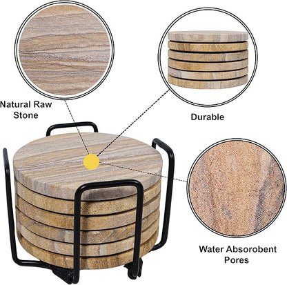Sandstone Water Absorbent Hand Crafted Round Coasters for Drinks - 4 Inches Wide Thirsty Stone Bar/Drink Coasters- Made from Rainbow Sandstone (Set of 4 Without Holder)