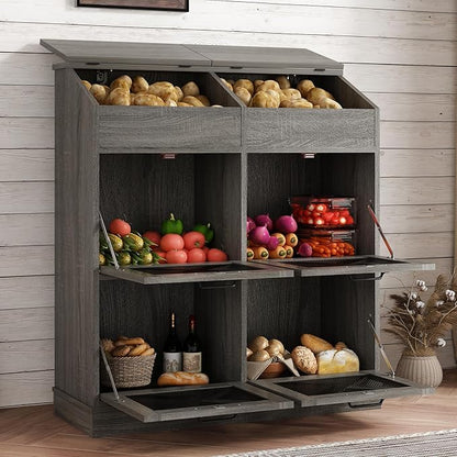 Large Wood Bread Box for Potato,Onion.Veggie Bin W/6 Large Storage Box.Root Vegetable Storage Box For Kitchen,Farmhouse Potato Storage Bin W/4 Mesh Doors,Bread Keeper for Toast,Bagel,Donut,Cookies