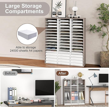 EasyPAG Mail Organizer Countertop, Wood Literature Organizer with Adjustable Shelves, Student Classroom Mailbox for School, Desktop Paper Sorter for Office Home, 48 Compartments, Retro Gray/White