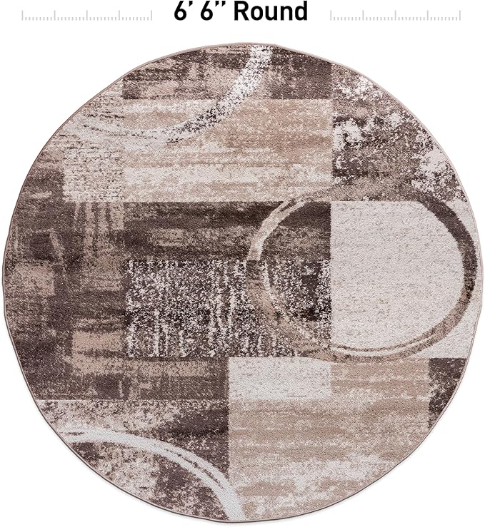 Rugshop Contemporary Abstract Circle Design Round Rug, Fade-Resistant Carpet for Living Room, Office, or Entryway, Brown, 6'6" Round