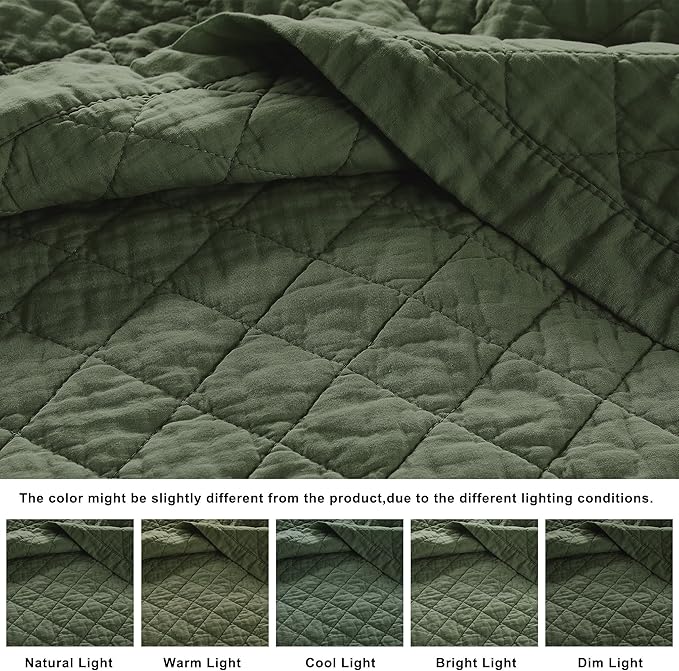 WDCOZY 100% Cotton Oversized King Size Quilt Set - Olive Green California Cal King Soft Lightweight Bedspread, Textured Like Linen, Farmhouse Country Rustic Coverlet, Diamond Stitch Bedding
