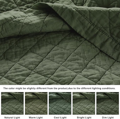 WDCOZY 100% Cotton Oversized King Size Quilt Set - Olive Green California Cal King Soft Lightweight Bedspread, Textured Like Linen, Farmhouse Country Rustic Coverlet, Diamond Stitch Bedding