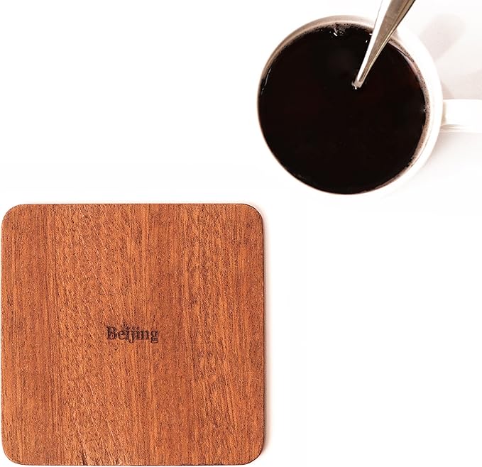 Beijing Map Coaster by O3 Design Studio, Set Of 4, Sapele Wooden Coaster With City Map, Handmade
