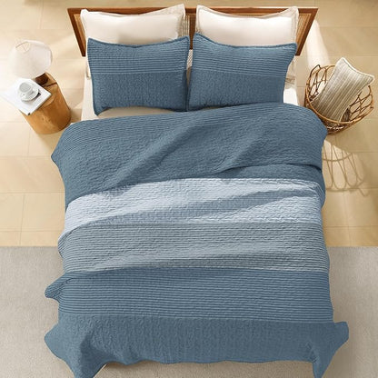 Litanika California King Quilt Set Blue Linen - Cal King Oversized Stripe Comforter Bedspreads & Coverlets - Soft Lightweight Quilted Bedding Set for All Season(1 Quilt, 2 Pillowcases)