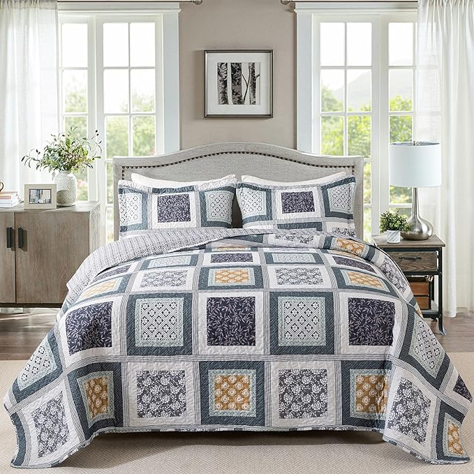 HoneiLife Quilt Sets King Size - 3 Pieces Microfiber Bedspreads Lightweight Coverlets Retro Bed Cover King Quilt Bedding Set All Season Quilts-Grey