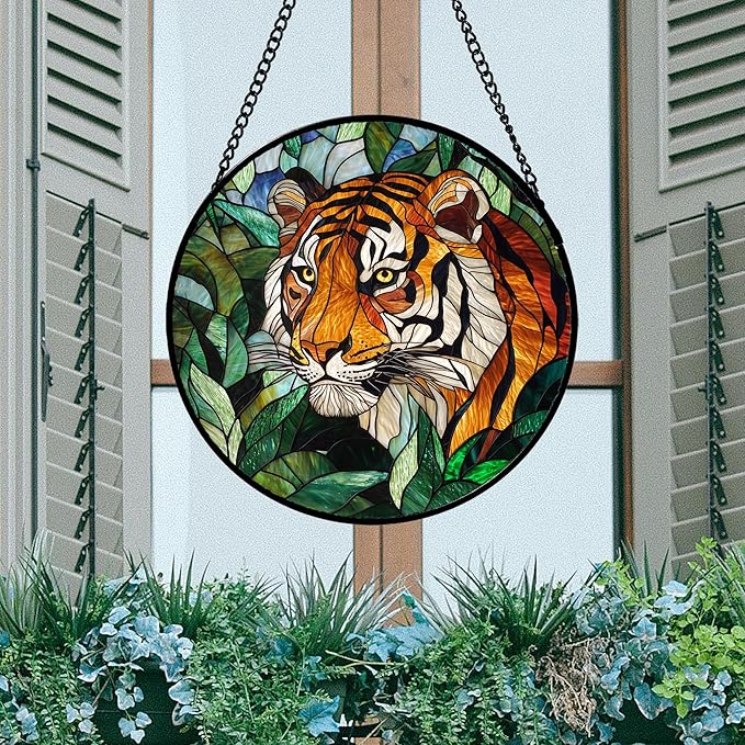 Stained Glass Window Hanging, Fierce Tiger Sun Catcher for Door Home Decor Wild Animals Suncatcher Christmas Mother's Day Birthday Gifts for Women Men Mom and Nana 15 in