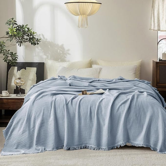 FOSSA Muslin Blanket with Fringe - 4-Layer 100% Cotton Gauze Super Soft & Breathable Throw -Lightweight Decorative Cooling Blanket for Bed, Sofa, Office (Cornflower Blue, Super King (108" × 98"))