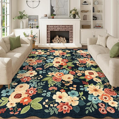 DUKINO 8x10 Area Rug, Floral Washable Rugs for Living Room with Non Slip Backing & Non-Shedding, Lightwight Low Pile Boho Design Large Carpets for Bedroom, Living Room, Dining Room, Navy Blue