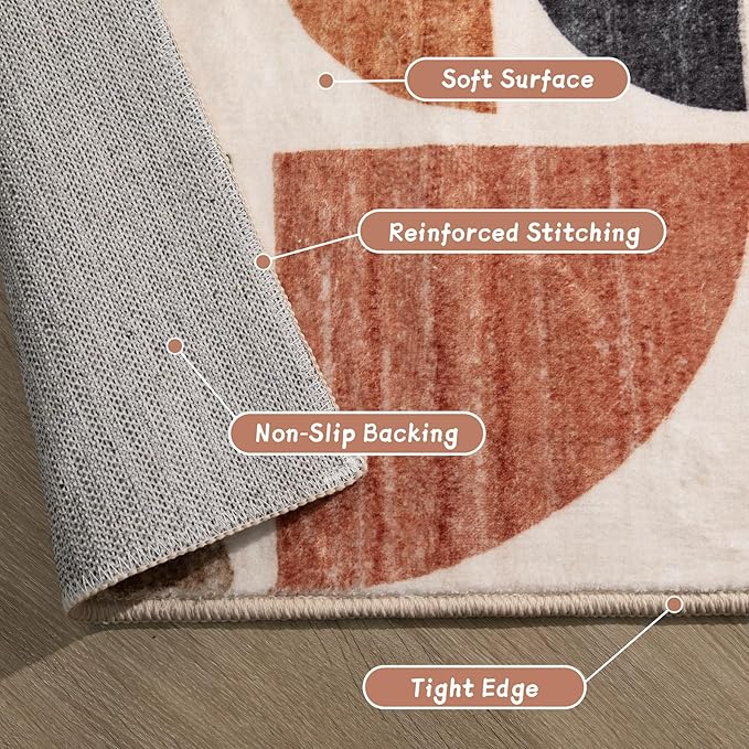 MUJOO Boho Rug Washable,4x6.5 Area Rugs for Bedroom Living Room Bedside Office,Throw Floor Carpet Non Slip Soft Indoor Modern Abstract Bohemian Terracotta