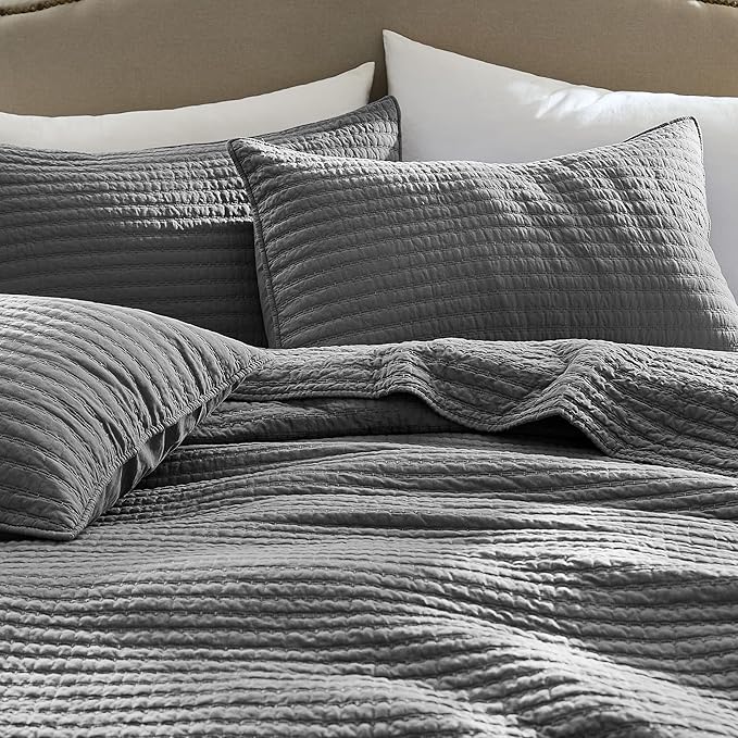 WDCOZY 100% Cotton Queen Size Quilt Set - Grey Striped Pick Stitch Soft Lightweight Bedspread, Textured Like Linen, Farmhouse Country Rustic Coverlet, Shabby Chic Gauze Bedding, 3 Pieces
