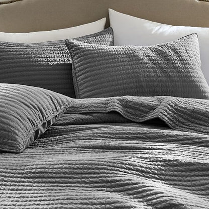 WDCOZY 100% Cotton Twin Size Quilt Set - Grey Striped Pick Stitch Soft Lightweight Bedspread, Textured Like Linen, Farmhouse Country Rustic Coverlet, Shabby Chic Gauze Bedding, 2 Pieces