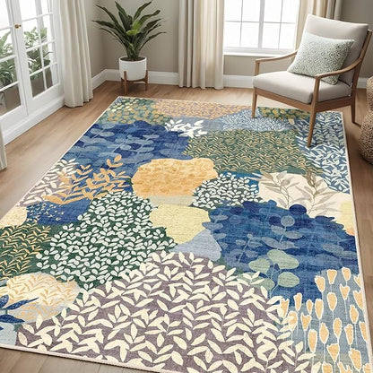 DEXDE Washable Area Rug 3x5 Low Pile Non-Slip Boho Small Carpet with Botanical Leaf Pattern, Soft Machine Washable Rug for Bedroom, Entryway, Living Room, Kitchen, Office, Blue