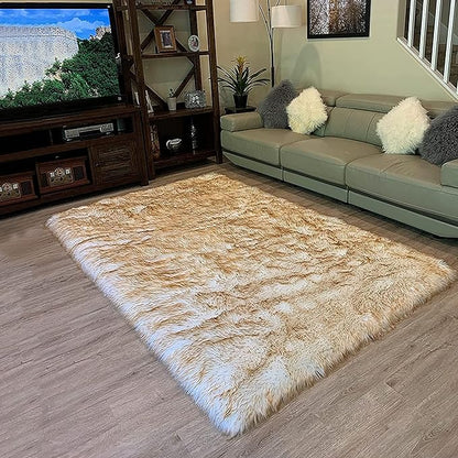 LAMBZY High Pile Super Soft Faux Sheepskin Rug (9'x12', White/Brown Tips)