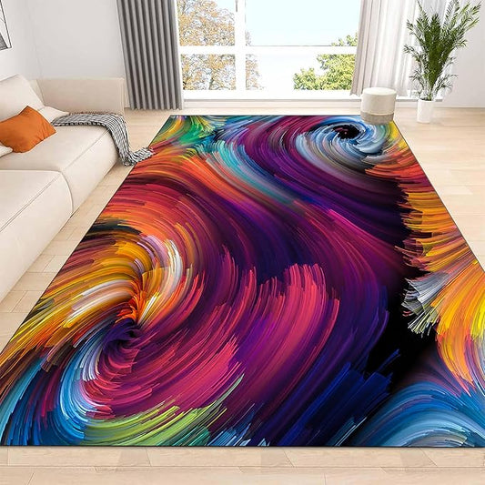 Modern Abstract Decorative Rugs - Washable, Non-Slip, Colorful Lines Swirl Design - Soft Indoor Rugs for Living Room, Dining Room, Bedroom, Office, Bathroom - 3x5ft