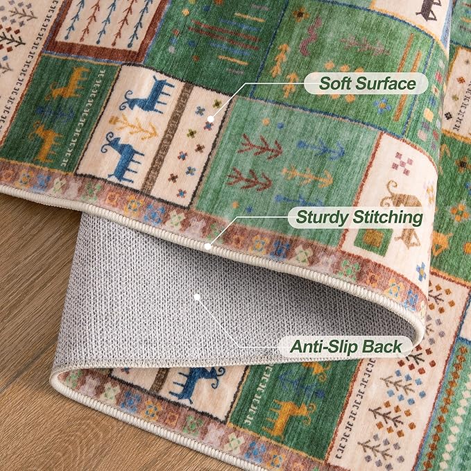 Tangsoo Washable Runner Rug Non Slip, 2x5 Vintage Runner Rug for Hallway, Soft Low Pile Tribal Carpet 2x5 Rug Runners for Kitchen Bathroom Laundry Bedroom Entrance Bedside (Green Beige)