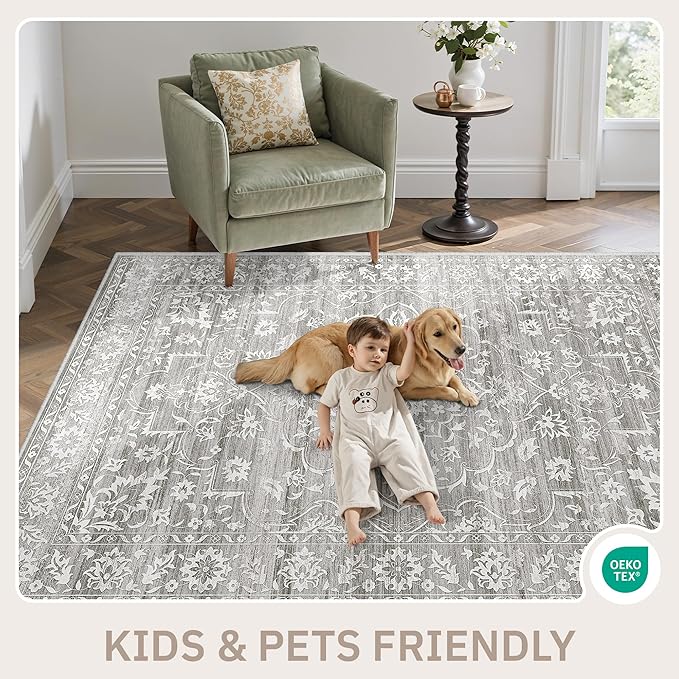 Area Rugs 5x7 for Living Room, Floral Washable Rugs for Dining Room, Bedroom, Vintage Non-Slip Gray Thin Area Rug(Grey, 5'x7')