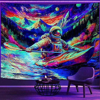 Blacklight Astronaut Tapestry Wall Hanging Space Galaxy Travel Funny Kayaking Tapestries for Bedroom Colorful Aesthetic Cool Wall Art for Guys Gamer Room Dorm Living Room (boating, 60''×44'')