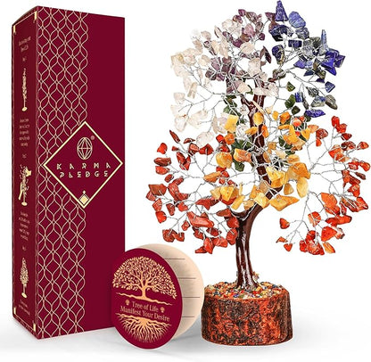 KARMAPLEDGE 7 Chakra Healing Crystal Tree of Life with Manifestation Card, Handmade Silver Wire Crystal Tree for Good Luck, Positive Energy, Wealth, Reiki Healing, and Decor, Gift for Women and Mom