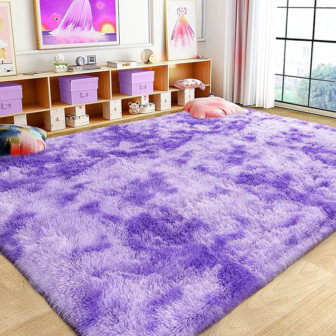 Large 9x12 Area Rug for Living Room, Soft Shag Thick Fluffy Carpet for Bedroom, Plush Fuzzy for Girls Boys Kids Room Non Slip Dorm Home Decor Aesthetic, Tie-Dyed Purple