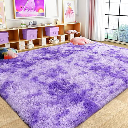 Large 9x12 Area Rug for Living Room, Soft Shag Thick Fluffy Carpet for Bedroom, Plush Fuzzy for Girls Boys Kids Room Non Slip Dorm Home Decor Aesthetic, Tie-Dyed Purple