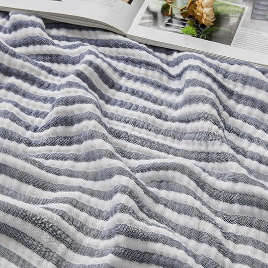 EMME Cotton Muslin Twin XL Blanket Breathable Gauze Soft Lightweight Adults Gifts for Women (Striped Navy, 66"x90")