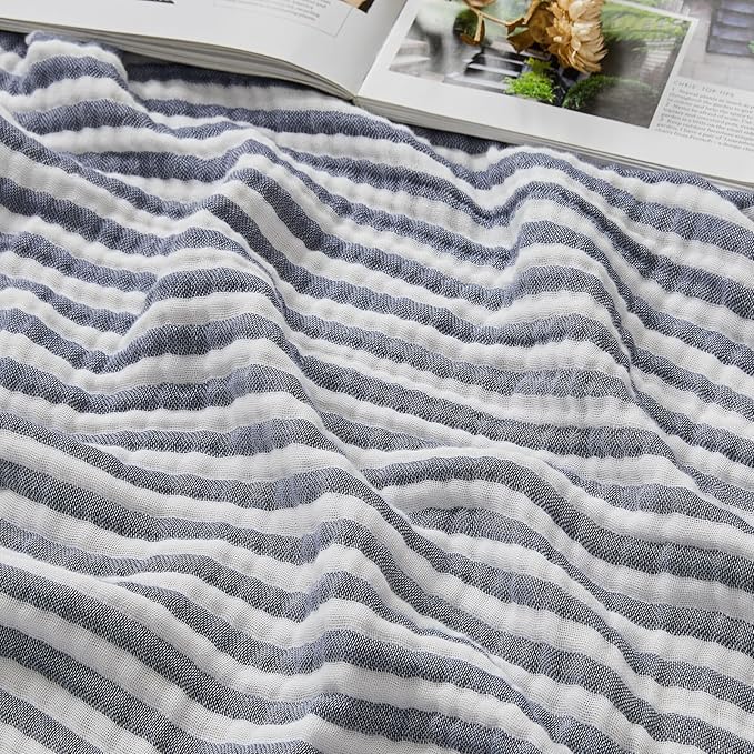 EMME Cotton Muslin Queen Blanket Bed Layering Bedspread Coverlet Breathable Gauze Soft Lightweight Adults (Striped Navy, 90"x90")