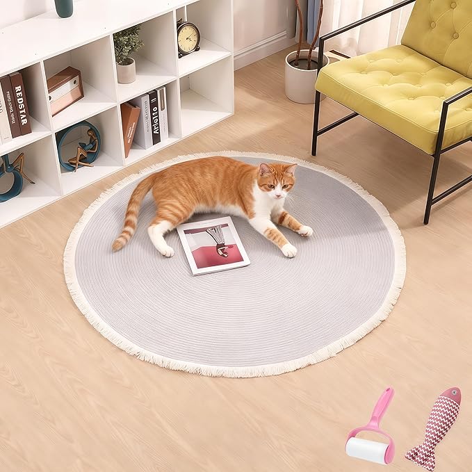 Cotton Rope Area Rug for Cats, Cat Scratching Rug, Washable Round Vintage Reversible Woven Tassel Rug, Soft and Stylish Home Accent, Easy Clean, Multiple Sizes (Gray, 47" (120cm))