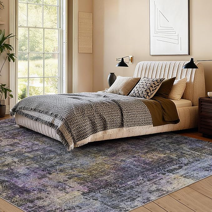 Kokia Abstract Area Rugs 8x10 Bedroom Soft Living Room Rugs Washable Distressed Vintage Comfy Black Gray Carpet with Non-Slip Backing for Farmhouse Home Office Room Decor, Oslo Nebula