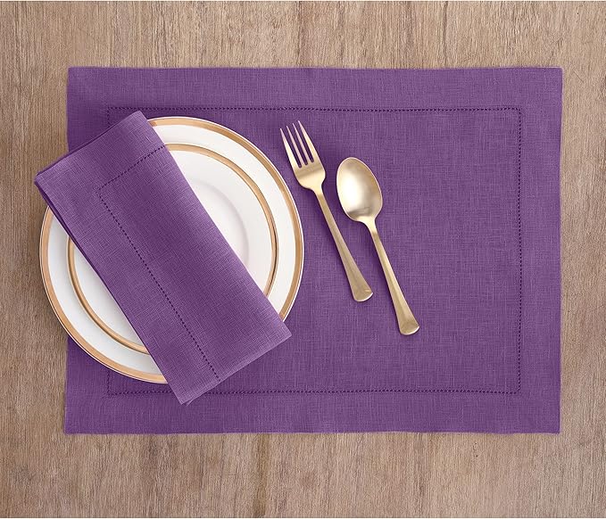 Solino Home Linen Placemats Set of 4 - Classic Hemstitch Purple Placemats 14 x 19 Inch - 100% Pure Linen Table Mats for Winter, Holiday, Valentines, New Year